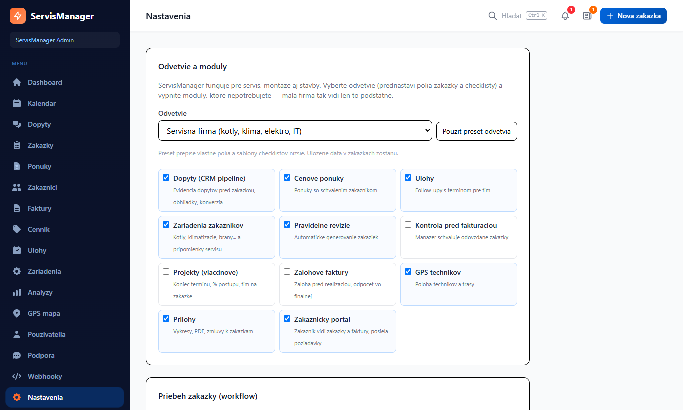 Nastavenia — odvetvie a moduly
